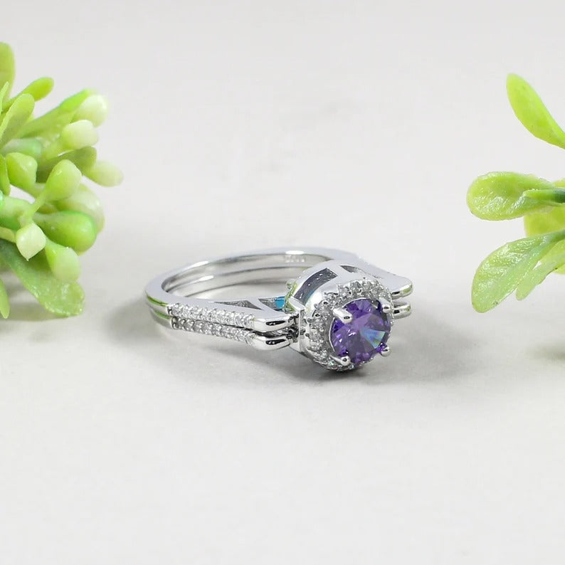 92.5 Sterling Silver Natural Amethyst & Blue Quartz Gemstone Double Side Ring