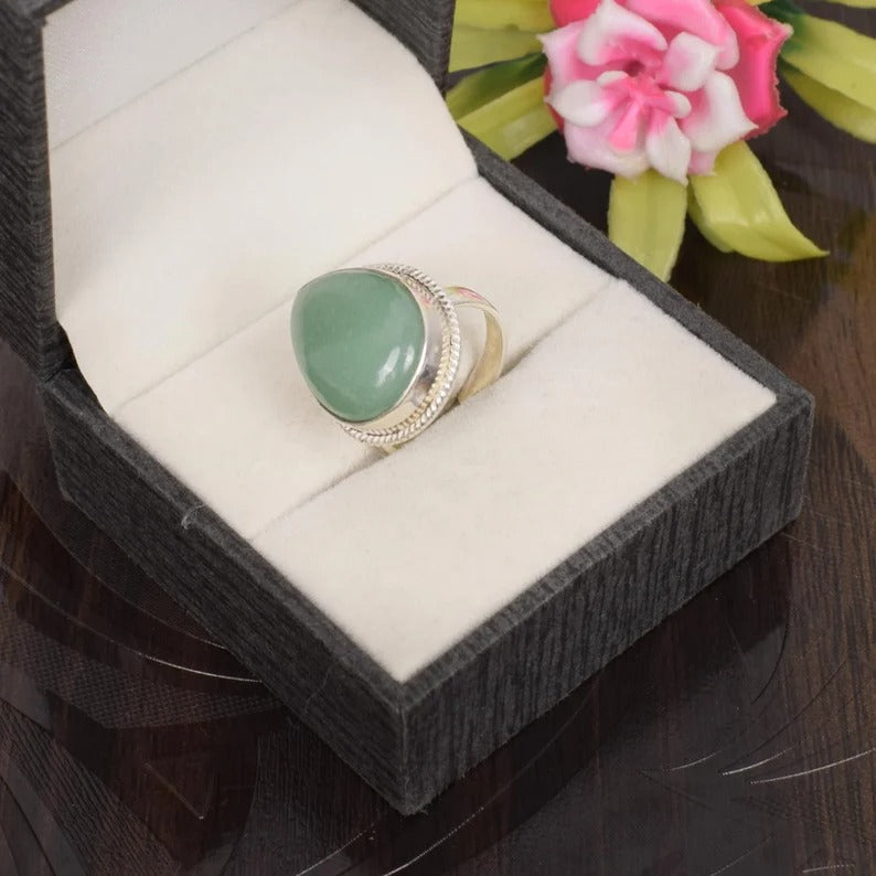 92.5 Sterling Silver Green Aventurine Gemstone Ring