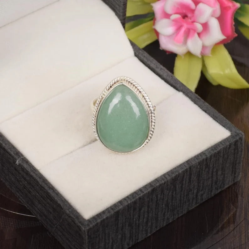 92.5 Sterling Silver Green Aventurine Gemstone Ring