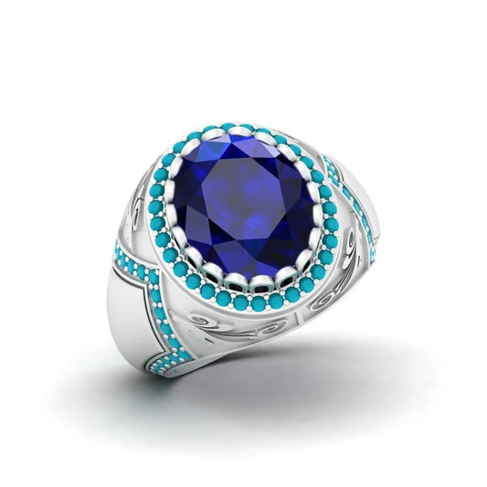 92.5 Sterling Silver Blue Sapphire & Natural Turquoise Gemstone Ring