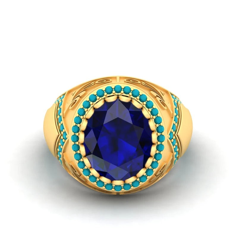 92.5 Sterling Silver Blue Sapphire & Natural Turquoise Gemstone Ring