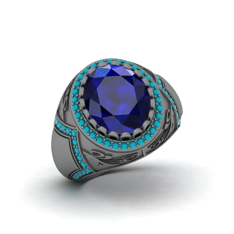 92.5 Sterling Silver Blue Sapphire & Natural Turquoise Gemstone Ring