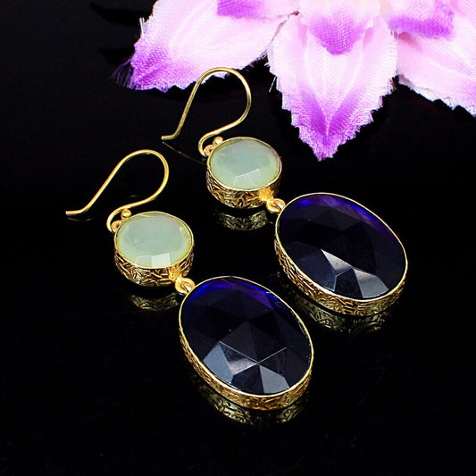 Iolite and Prehnite Gemstone Gold Plated Brass Earrings