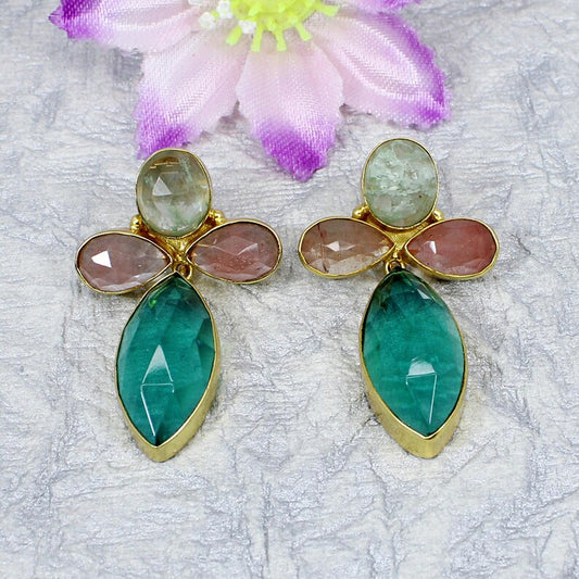 Aqua Crackle Glass Gold Plated Brass Earrings