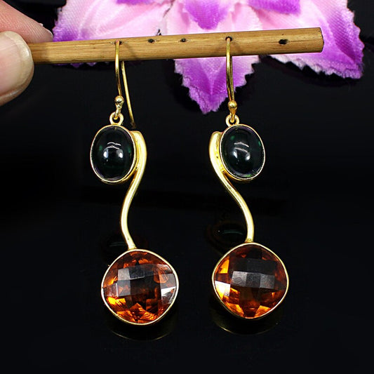 Dark Citrine And Tourmaline GemstoneLong Drop Earrings