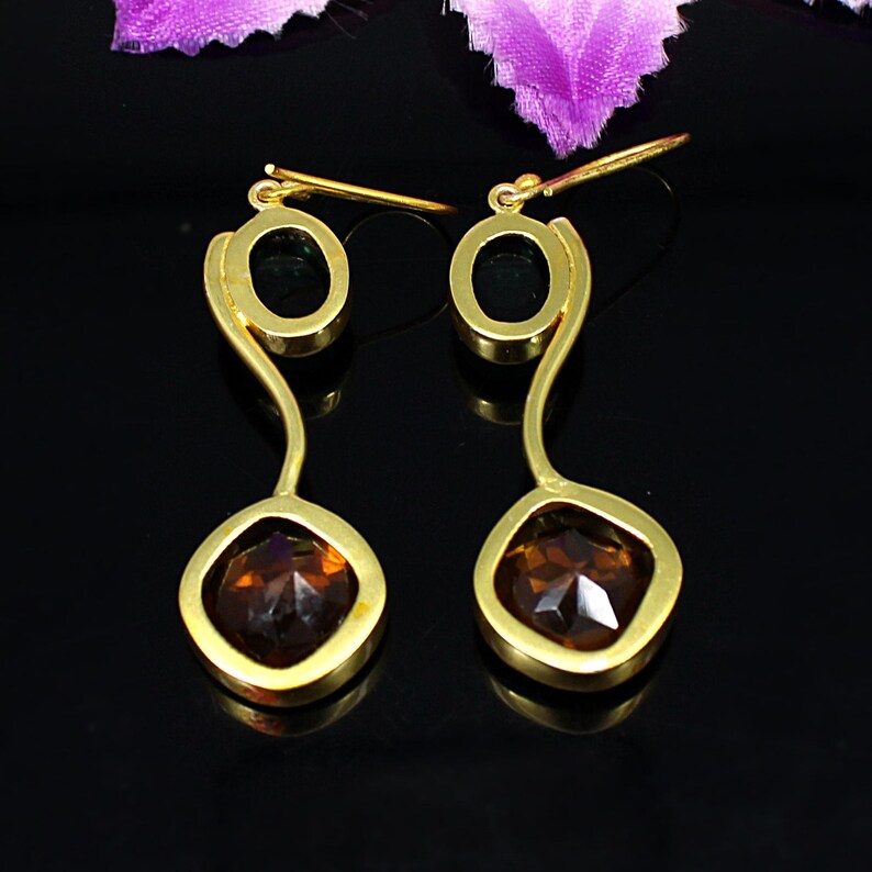 Dark Citrine And Tourmaline GemstoneLong Drop Earrings