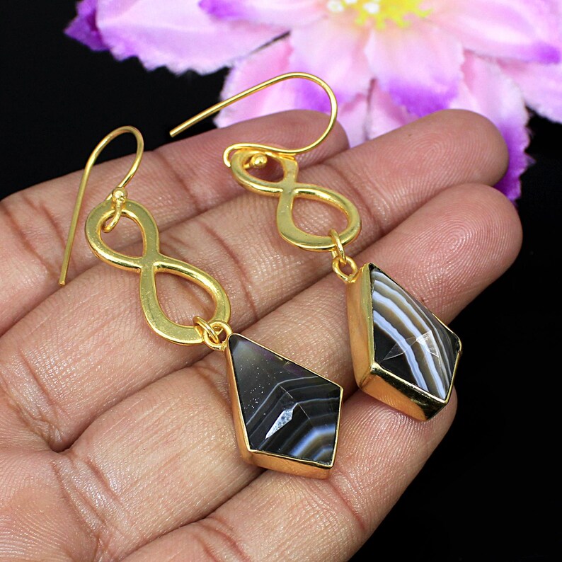 Natural Botswana Agate Gold Plated Brass Earrings