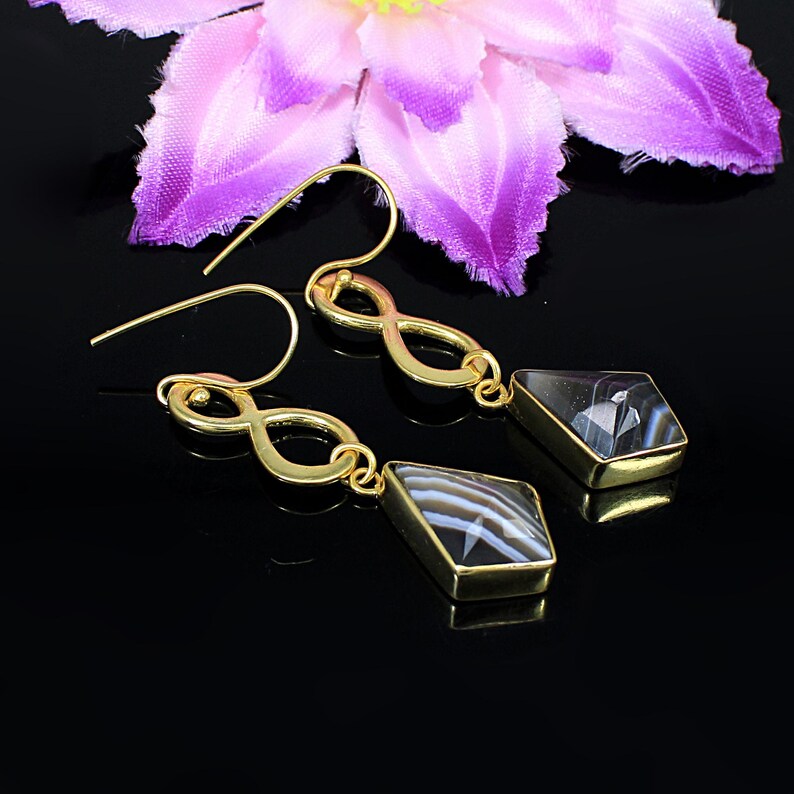 Natural Botswana Agate Gold Plated Brass Earrings