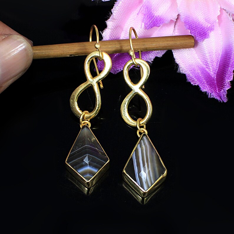 Natural Botswana Agate Gold Plated Brass Earrings