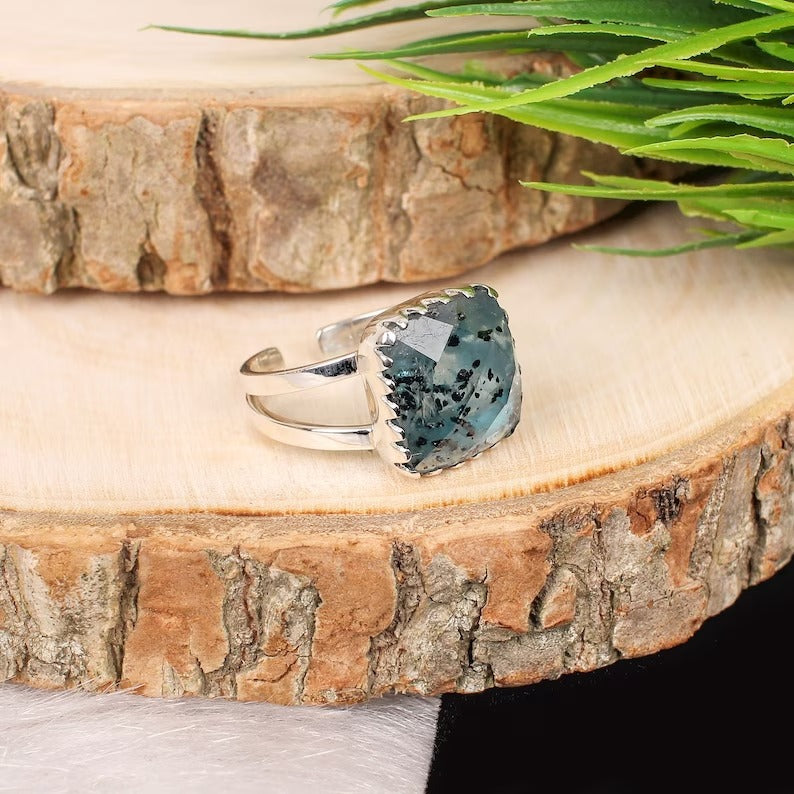 925 Sterling Silver Moss Kyanite Gemstone Ring