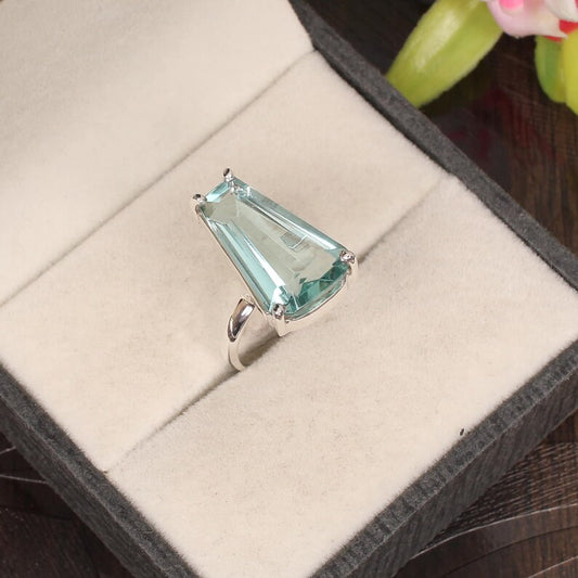 92.5 Sterling Silver Aquamarine Coffin Shape Gemstone Silver Ring