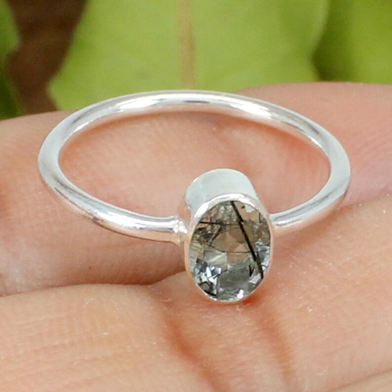 925 Sterling Silver Black Rutile Quartz Gemstone Ring