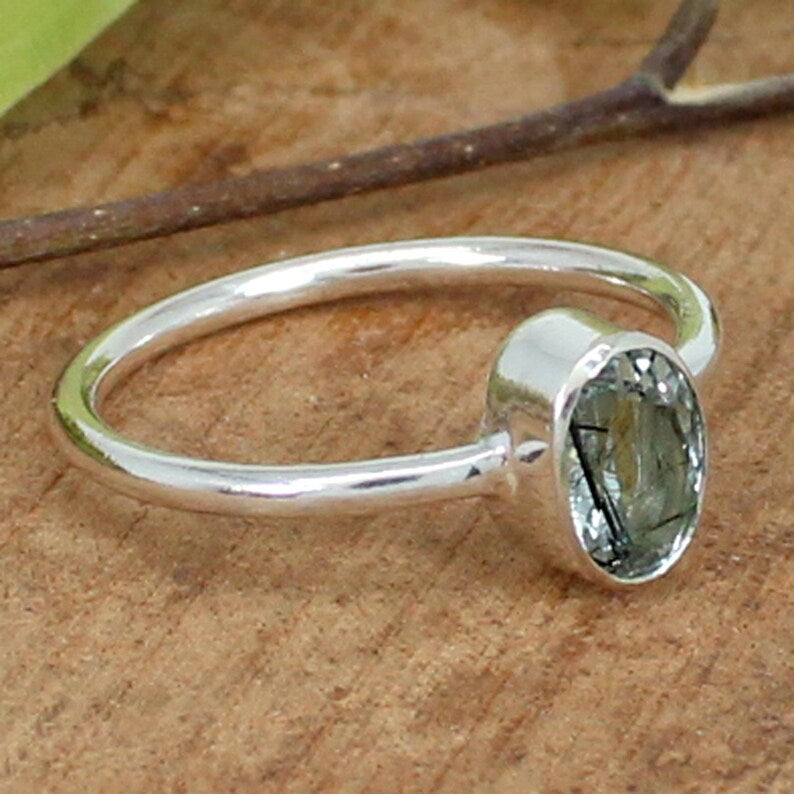 925 Sterling Silver Black Rutile Quartz Gemstone Ring