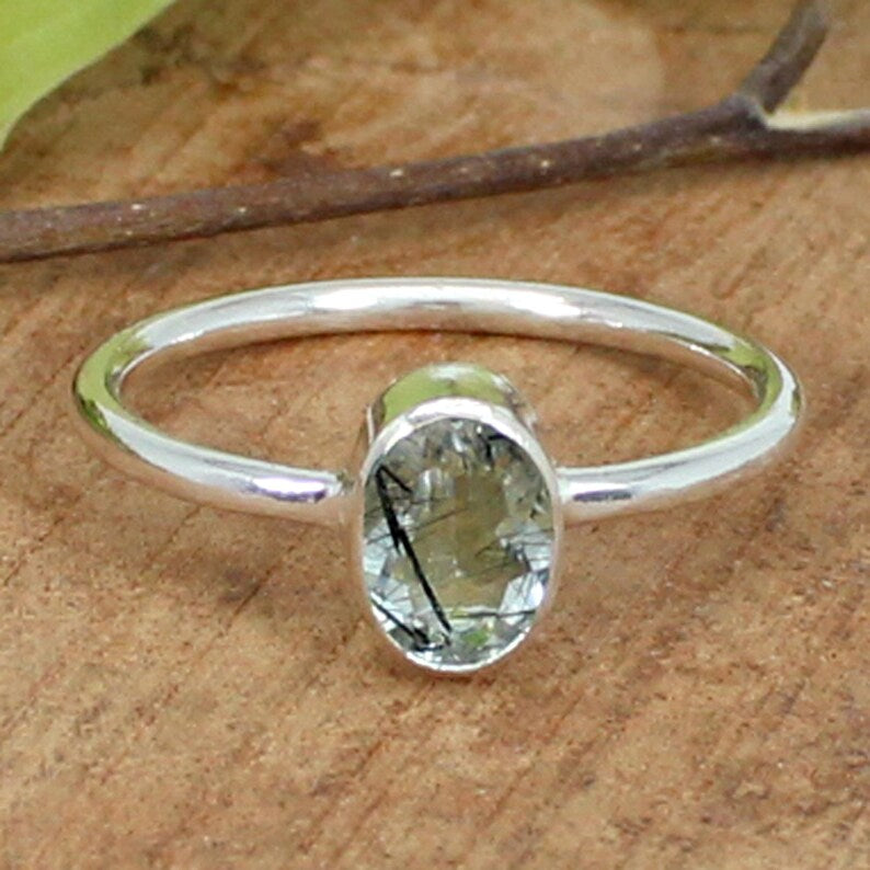 925 Sterling Silver Black Rutile Quartz Gemstone Ring