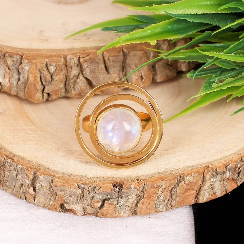 925 Sterling Silver Natural Rainbow Moonstone Gemstone Ring