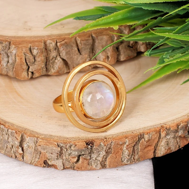 925 Sterling Silver Natural Rainbow Moonstone Gemstone Ring