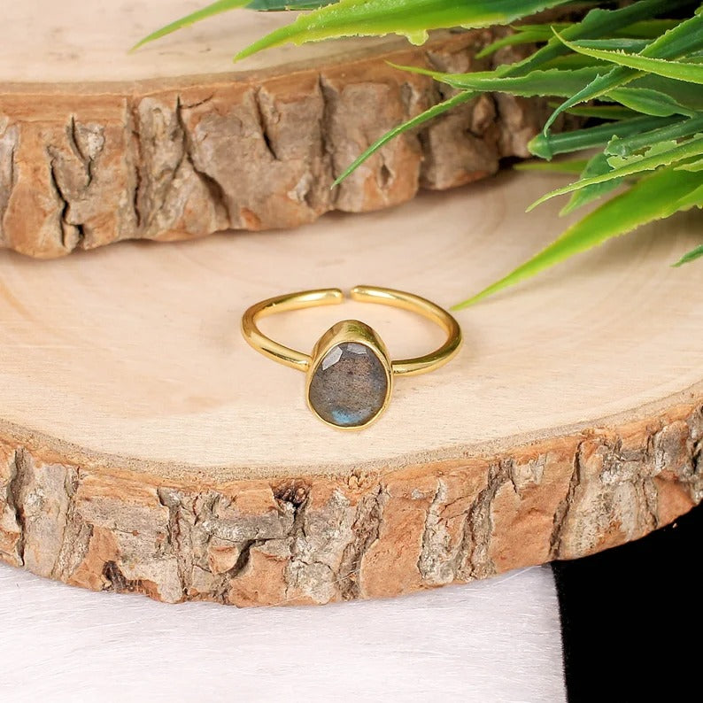 925 Sterling Silver Natural Labradorite Adjustable Ring