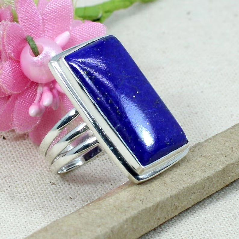 925 Sterling Silver Rectangle Lapis Lazuli Gemstone Ring