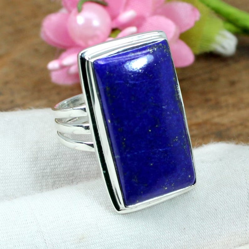 925 Sterling Silver Rectangle Lapis Lazuli Gemstone Ring