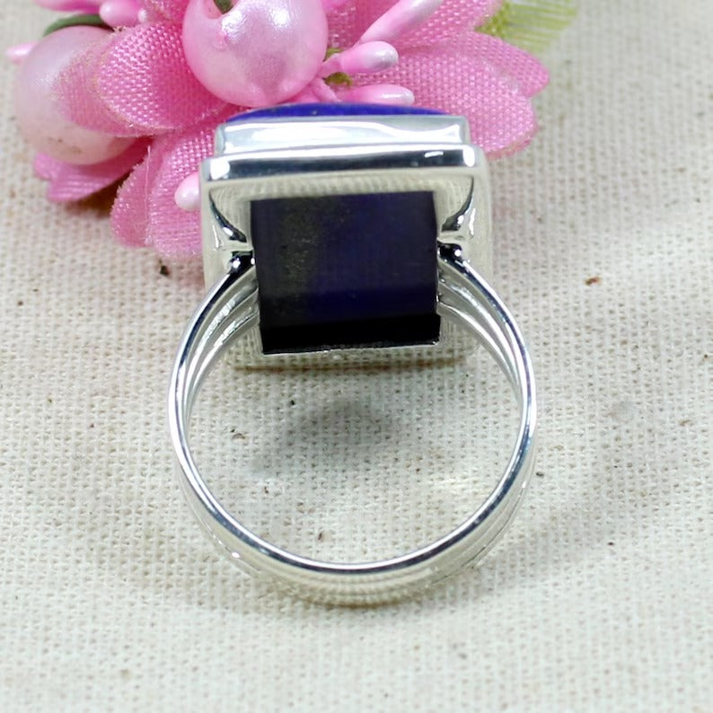 925 Sterling Silver Rectangle Lapis Lazuli Gemstone Ring