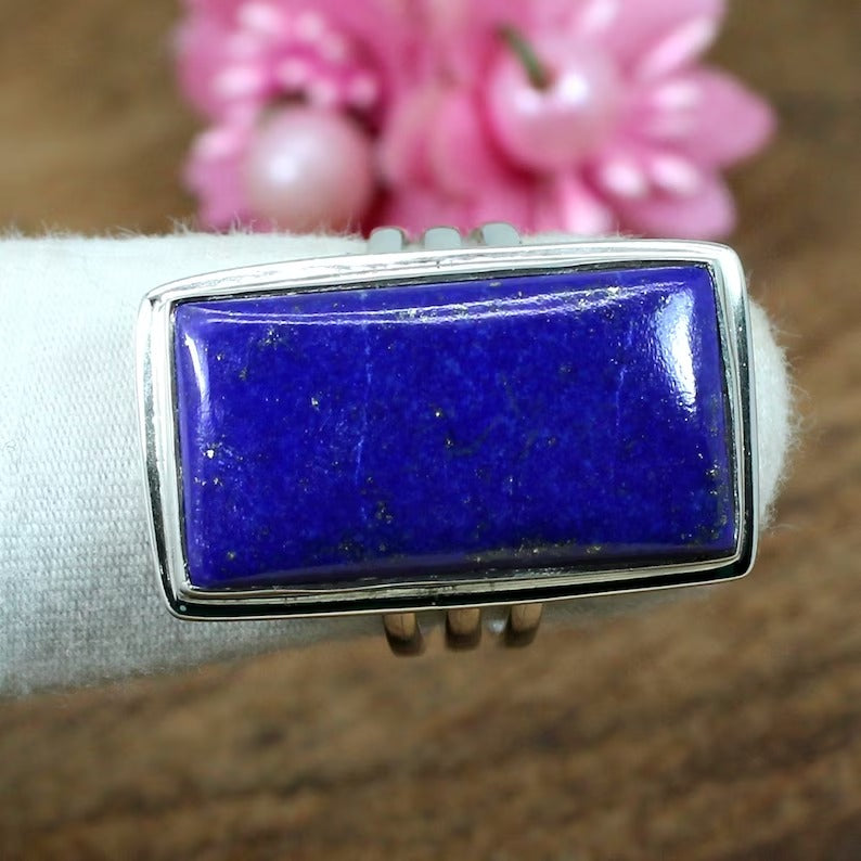 925 Sterling Silver Rectangle Lapis Lazuli Gemstone Ring