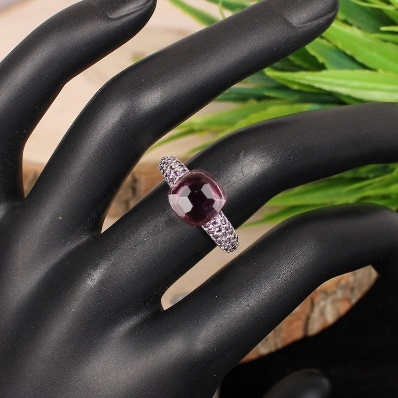 925 Sterling Silver Natural Pink Amethyst And Purple CZ Designer Ring