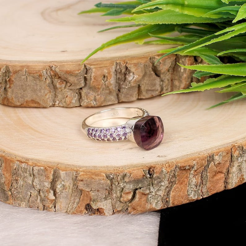 925 Sterling Silver Natural Pink Amethyst And Purple CZ Designer Ring