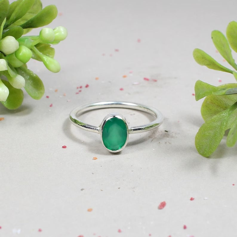 925 Sterling Silver Green Onyx Gemstone Ring