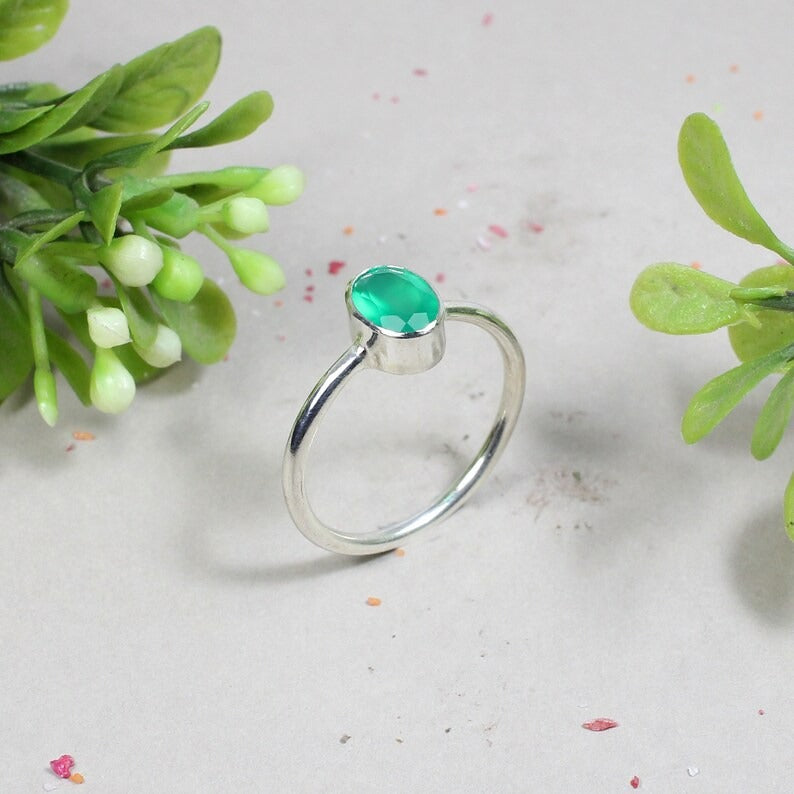 925 Sterling Silver Green Onyx Gemstone Ring