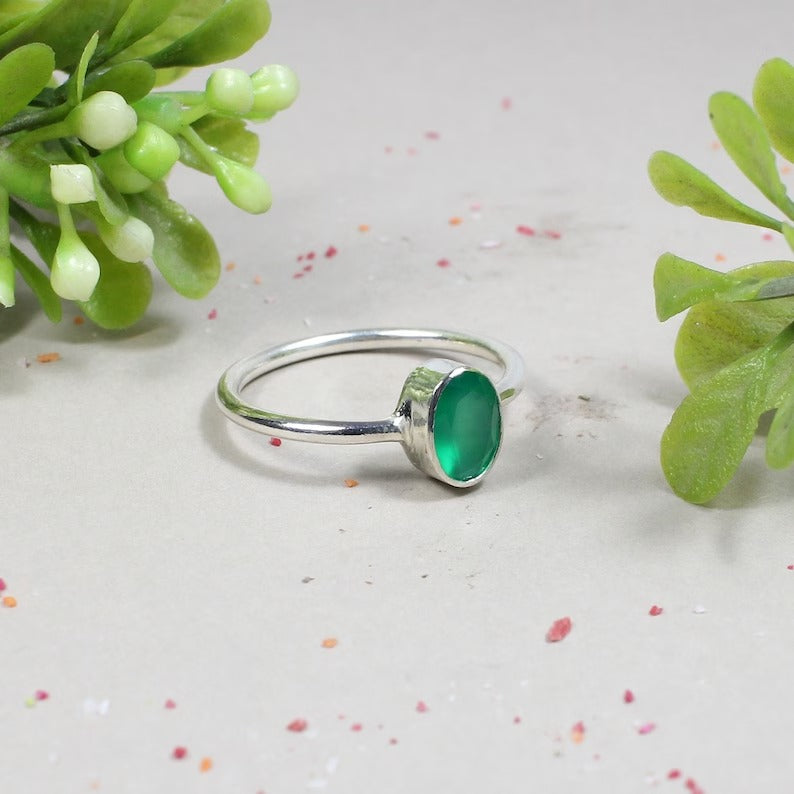 925 Sterling Silver Green Onyx Gemstone Ring