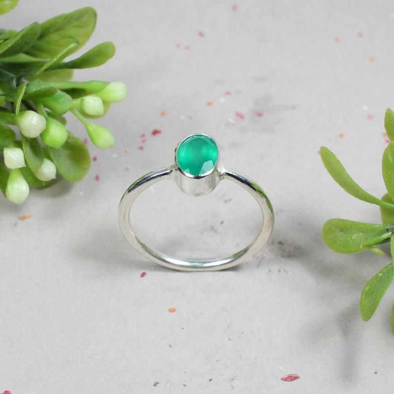 925 Sterling Silver Green Onyx Gemstone Ring