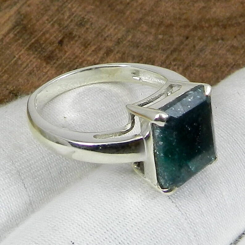 925 Sterling Silver Emerald Corundum Ring