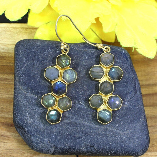 Labradorite Hexagon Gold Plated Brass Earrings