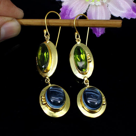 Peridot Gemstone Gold Plated Brass Earrings