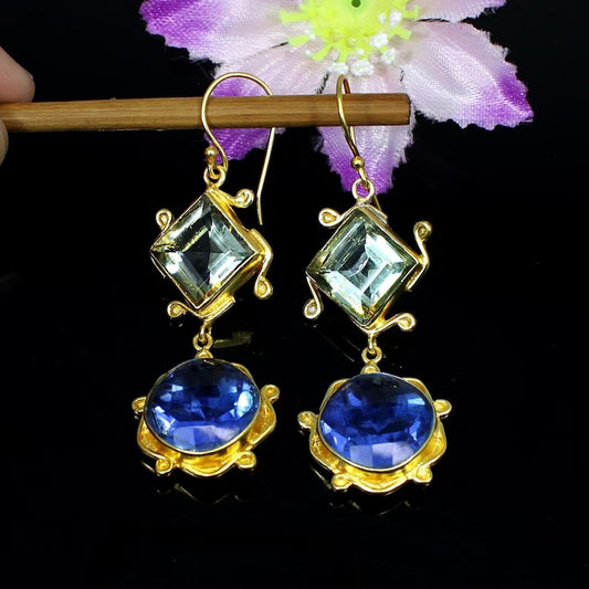 Green Amethyst Gemstone Gold PLated Brass Earrings