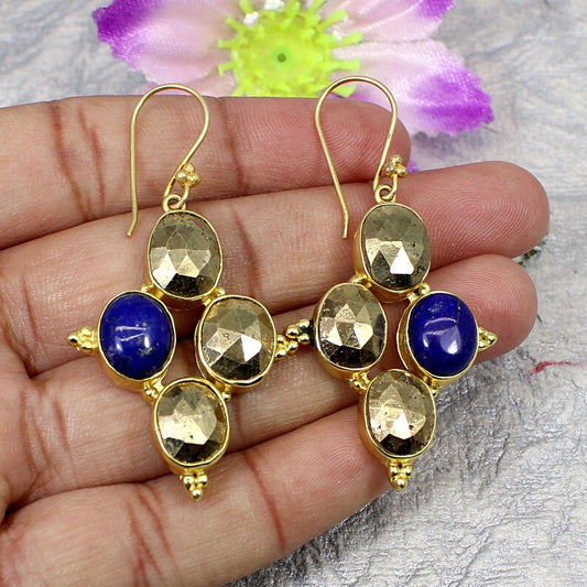 Pyrite & Lapis Lazuli Gold Plated Brass Earrings