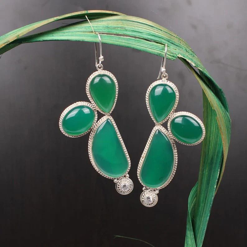 925 Sterling Silver Green Onyx Handmade Earrings