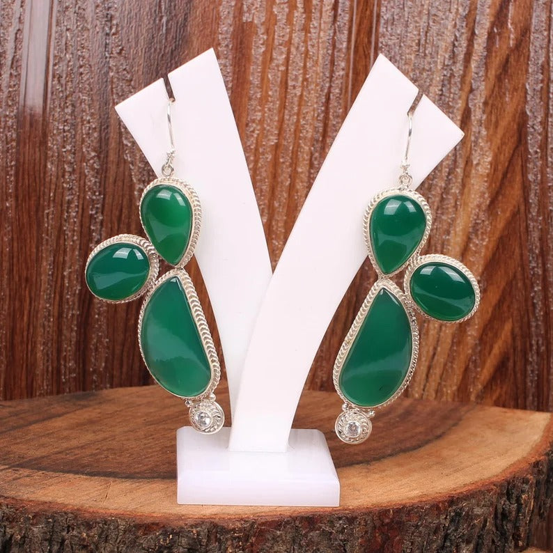 925 Sterling Silver Green Onyx Handmade Earrings