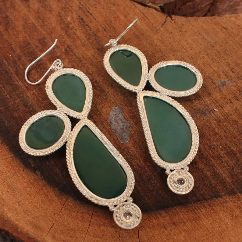 925 Sterling Silver Green Onyx Handmade Earrings