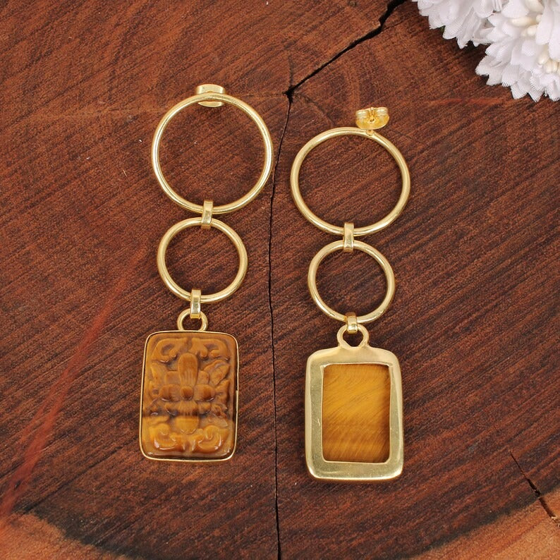 Tiger Eye Carving Gemstone Earrings