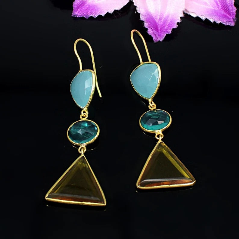 925 Sterling Silver Aqua Chalcedony Apatite Citrine Gemstone Dangle Earrings