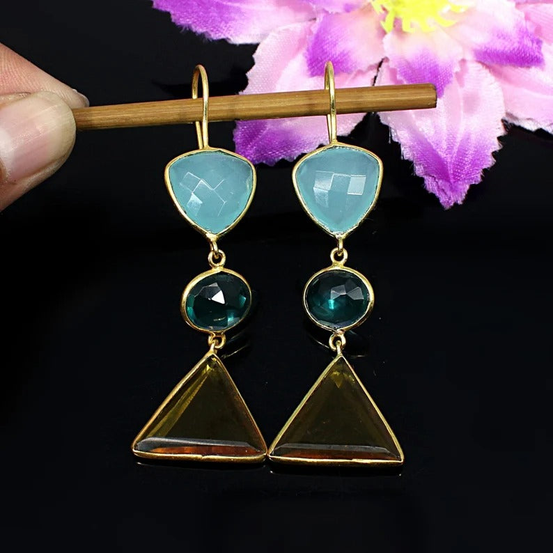 925 Sterling Silver Aqua Chalcedony Apatite Citrine Gemstone Dangle Earrings