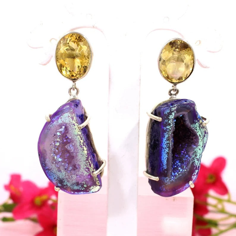 92.5 Sterling Silver Titanium Druzy Earrings & Yellow Citrine Earrings