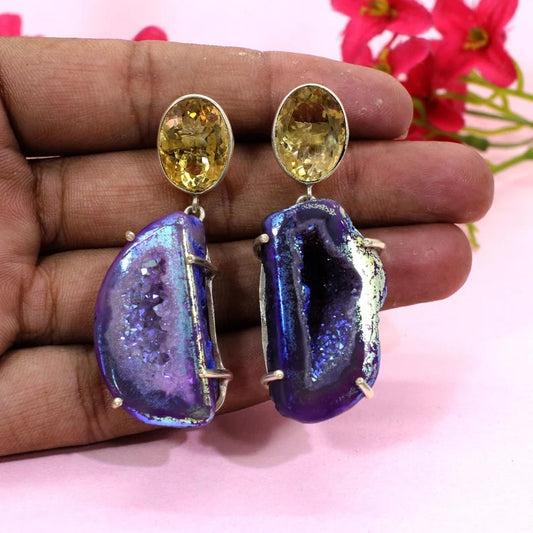 92.5 Sterling Silver Titanium Druzy Earrings & Yellow Citrine Earrings