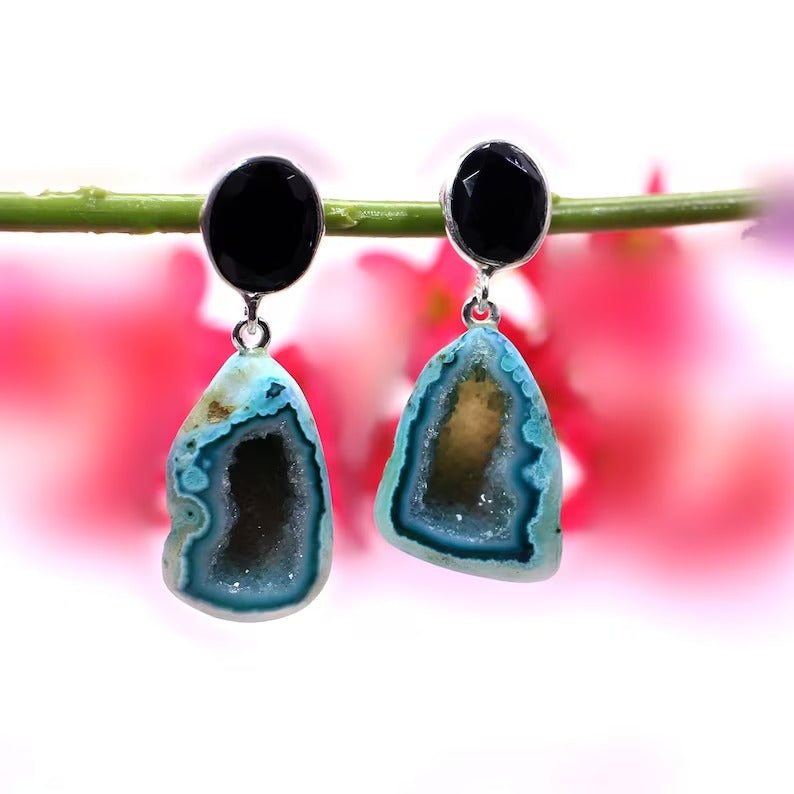 925 Sterling Silver Black Onyx and Blue Aura Druzy Dangles Earrings