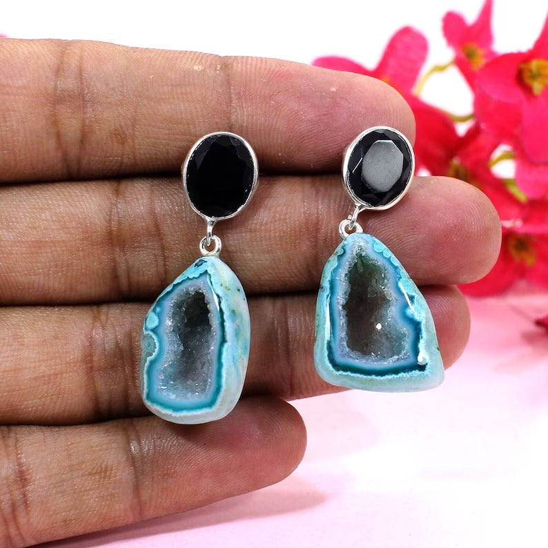 925 Sterling Silver Black Onyx and Blue Aura Druzy Dangles Earrings