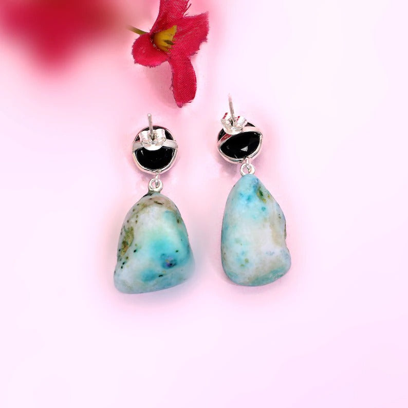 925 Sterling Silver Black Onyx and Blue Aura Druzy Dangles Earrings