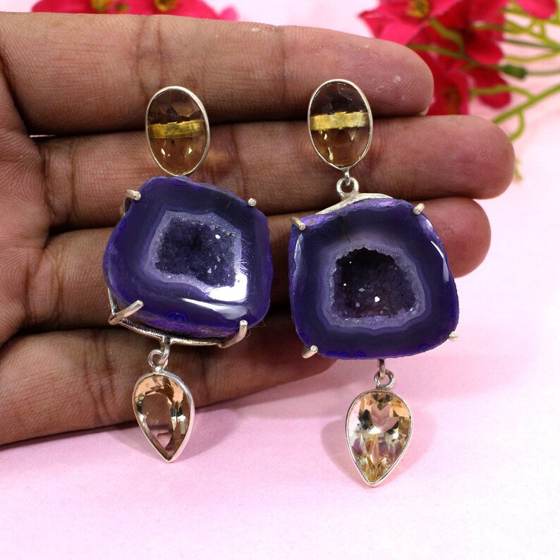 92.5 Sterling Silver Purple Window Druzy Earrings