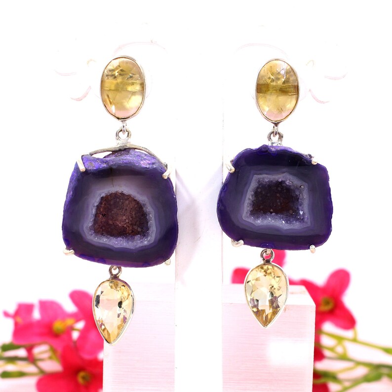 92.5 Sterling Silver Purple Window Druzy Earrings