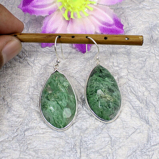 925 Silver Green Crackle Glass Gemstone Marquise Earrings